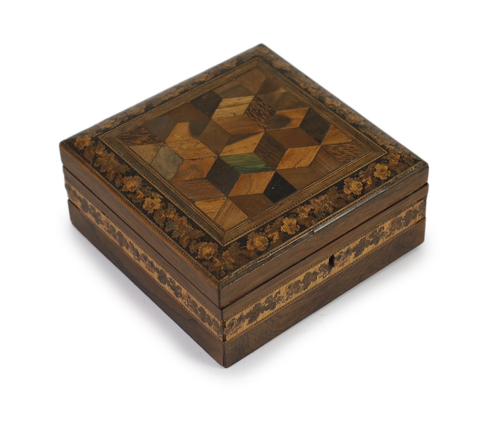 A 19th century rosewood and Tunbridgeware box, 15.5cm